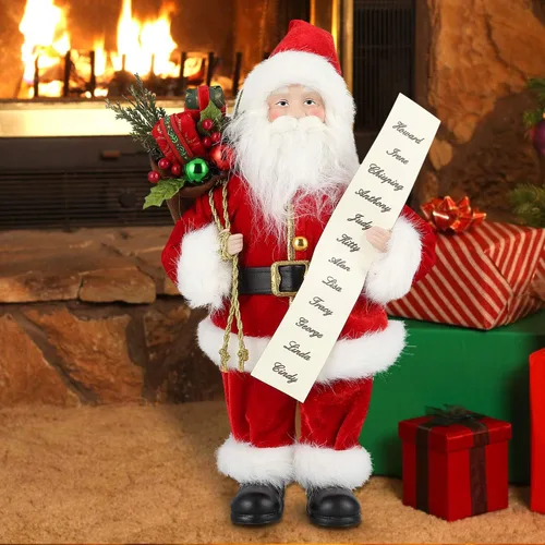Uten Figura decorativa de Papá Noel de 12 pulgadas, decoraciones navideñas con lista y bolsa de regalos para fiestas de Año Nuevo y días festivos,