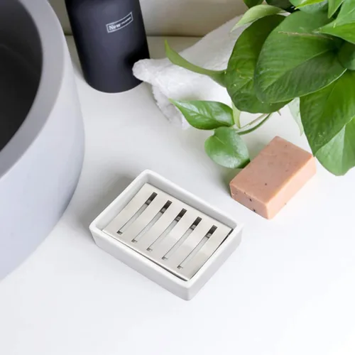 Miniatura 6 de TOPSKY Jabonera de cerámica de acero inoxidable para baño, doble capa, bandeja de jabón autodrenante, di no al jabón blando, fácil limpieza (blanco)