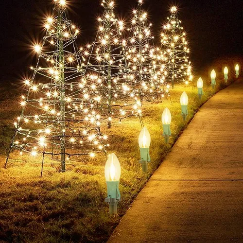 Miniatura 8 de Luces LED C9 para camino, 2 juegos en total de 51.4 pies de luz de camino de Navidad con 40 bombillas y estacas, tira de luces extensibles Blanco