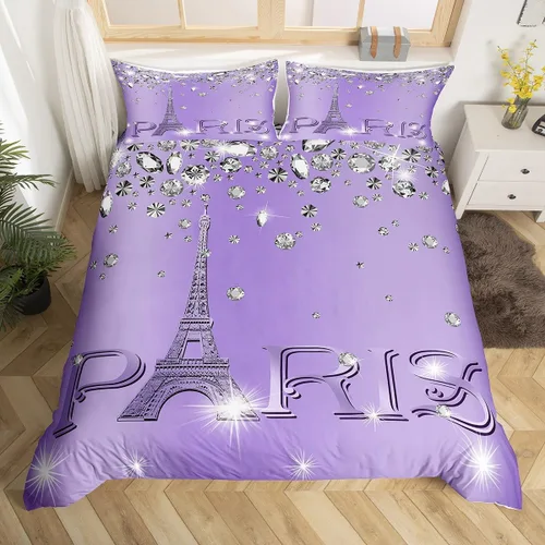 Miniatura 14 de Erosebridal Funda de edredón de la Torre Eiffel para niñas, juego de ropa de cama romántica de París azul, negro y blanco, funda de edredón