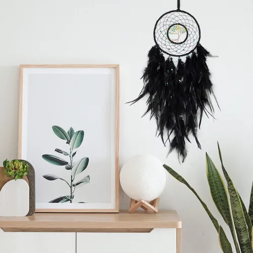 Miniatura 7 de Atrapasueños de árbol de la vida negro de ensueño con piedra de cristal curativo hecha a mano, atrapasueños, decoración para colgar en la pared