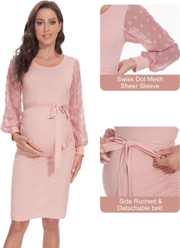 Miniatura 5 de Vestido de maternidad de manga transparente de malla de lunares suizos, vestidos formales de baby shower, vestido ajustado para embarazo, fruncido