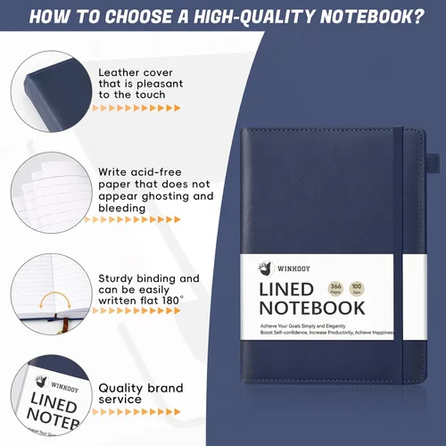 Miniatura 3 de Winkooy Cuaderno rayado, 366 páginas, 100 g/m² cuadernos con tapa dura de cuero para escribir, cuaderno clásico rayado A5 grueso para la universidad
