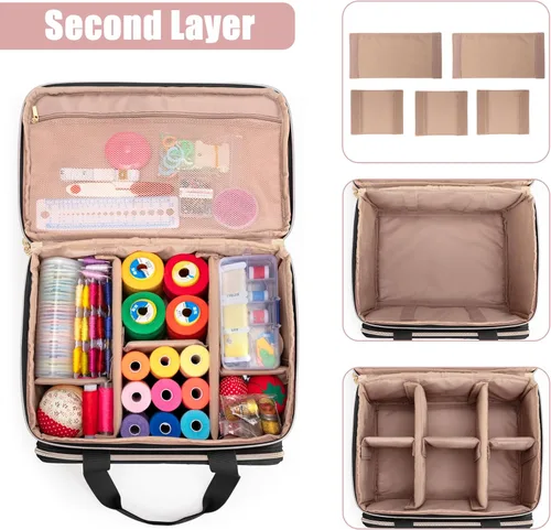 Miniatura 2 de YARWO Organizador de suministros de costura de doble capa con 5 divisores personalizados, bolsa de almacenamiento portátil para accesorios de Negro