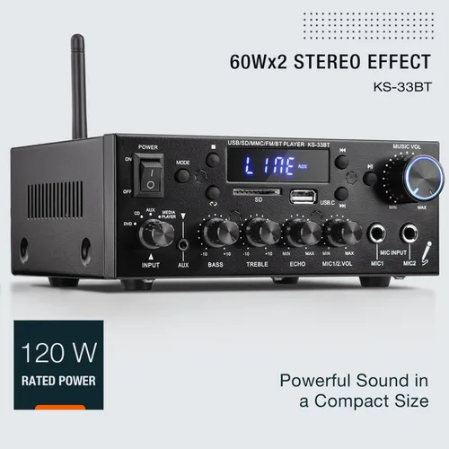 Miniatura 2 de Facmogu KS-33BT Receptor amplificador de audio estéreo de 2.1 canales con salida de subwoofer activa, RMS 60Wx2 Max 400Wx2 Mini BT Amp Home Theater