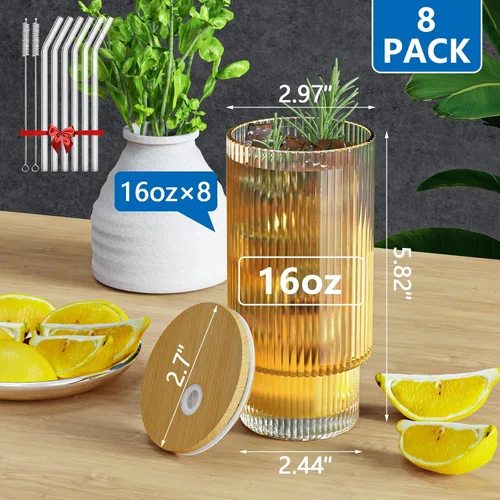Miniatura 2 de CWHHRN Vasos de vidrio, tazas de café de vidrio vintage de 16 onzas con tapas y pajitas, juego de 8 unidades, cristalería vintage para whisky, 8