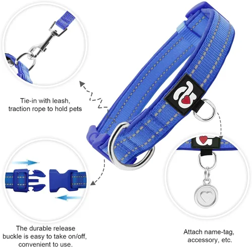 Miniatura 2 de azuza Collar reflectante para perro, de neopreno suave acolchado con anillo para etiqueta de identificación, ajustable para perros pequeños, azul