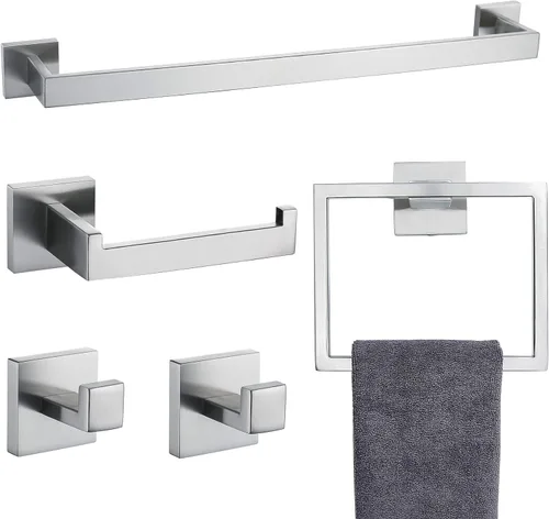 Juego de toallas de baño de 5 piezas de níquel cepillado cuadrado moderno juego de accesorios de baño de acero inoxidable montado en la pared de