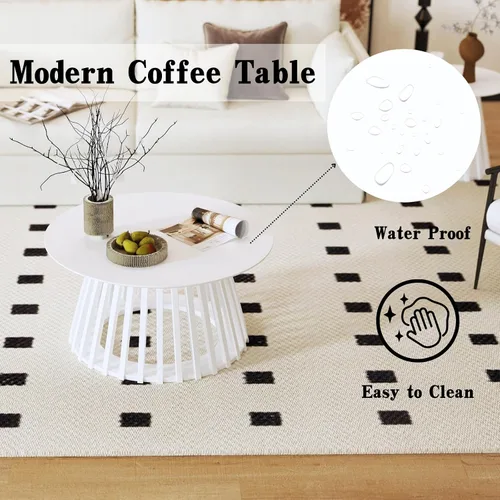 Miniatura 4 de DUOMAY Moderna mesa de centro redonda de madera maciza con base geométrica, mesa central de madera resistente para sala de estar, salón, oficina