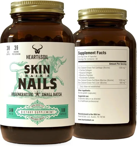 HEART & SOIL – Suplemento para cabello, piel y uñas 100% de res alimentado y terminado con pasto de ganado regenerativo con cartílago, hígado y