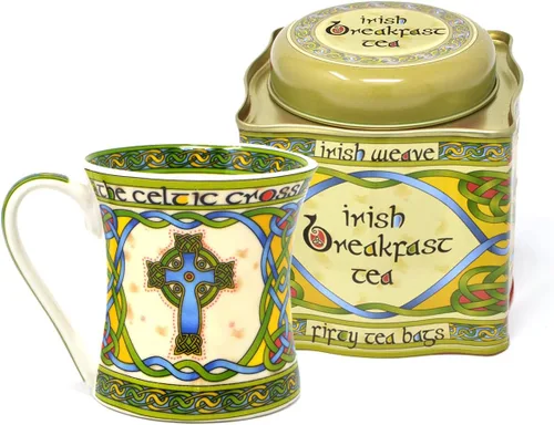 Royal Tara Taza irlandesa con cruz celta y nudos celtas, caja de tejido irlandés New Bone China -11.0 fl oz/11 fl oz regalo de inauguración de la