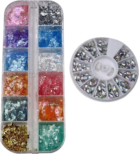 Brillantina holográfica para uñas, 12 rejillas, ópalo con purpurina en polvo, dijes de uñas, piedras de sirena, lentejuelas iridiscentes, escamas,