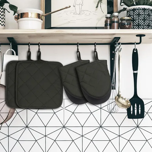 Miniatura 7 de Juego de 5 manoplas de cocina, juego de 5 manoplas de horno, juego de almohadillas y toallas, mini guantes de cocina de silicona resistentes al Gris