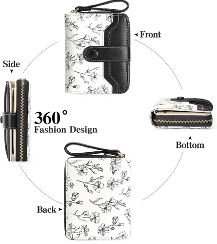 Miniatura 4 de GAEKEAO Cartera para mujer delgada y fina con bloqueo RFID, de cuero con flores, tarjetero plegable, cartera larga para damas con bolsillo
