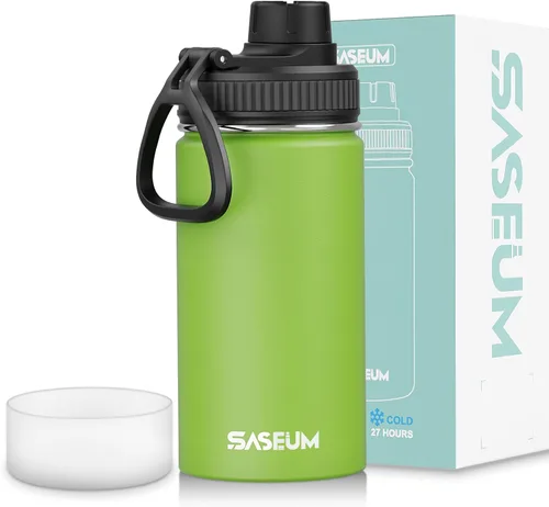 SASEUM Botella de agua de acero inoxidable de 12 onzas, botella aislada sin BPA con tapa de boquilla a prueba de fugas, botella de metal de boca