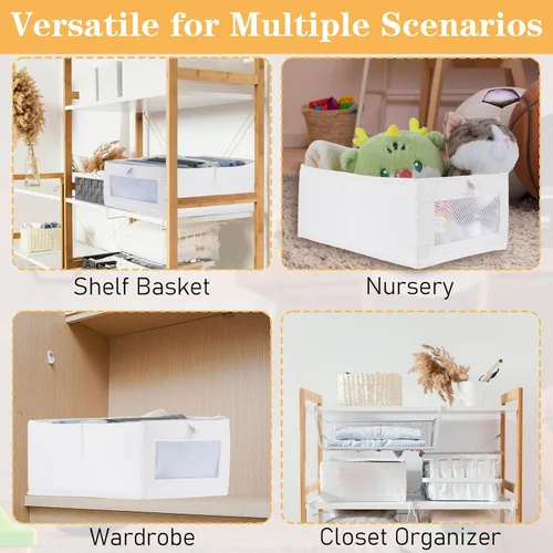 Miniatura 5 de Paquete de 6 organizadores plegables de lino para armario, contenedores de almacenamiento transparentes para ropa, toallas, libros, estantes, beige