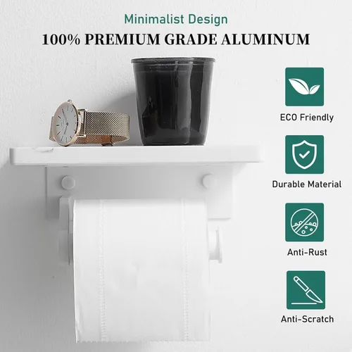 Miniatura 3 de Hoimpro Soporte de papel higiénico de aluminio blanco con estante de mármol natural blanco, soporte de almacenamiento de rollo de papel de seda