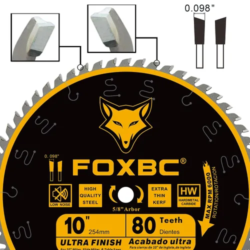 Miniatura 3 de FOXBC Hoja de sierra de mesa de 10 pulgadas, 80 dientes, corte ultra fino de madera, eje de 5/8 de pulgada