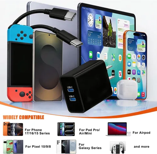 Miniatura 8 de Cargador dual tipo C de 45 W de carga rápida para Samsung, PD 3.0 GaN bloque de cargador de teléfono Android súper rápido con cable USB C largo