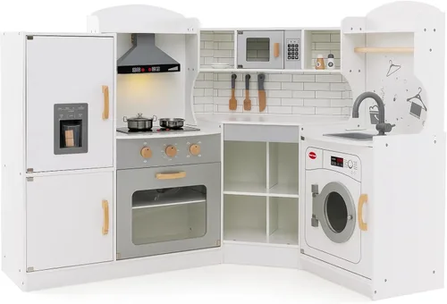HONEY JOY Juego de cocina esquinera para niños, cocina de madera definitiva para niños pequeños, lavadora, máquina de hielo, fregadero, microondas,