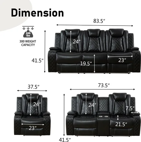 Miniatura 2 de Juego de sofá reclinable de cuero eléctrico con LED, juego de sala de estar de cuero, juego de sofá reclinable con puerto USB/soporte