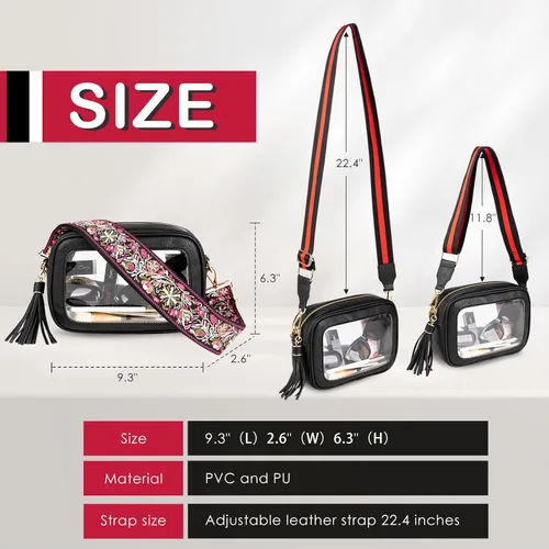 Miniatura 6 de Viva Terry Bolsa transparente aprobada para eventos de estadio, pequeña bolsa cruzada transparente con 2 correas ajustables para artículos