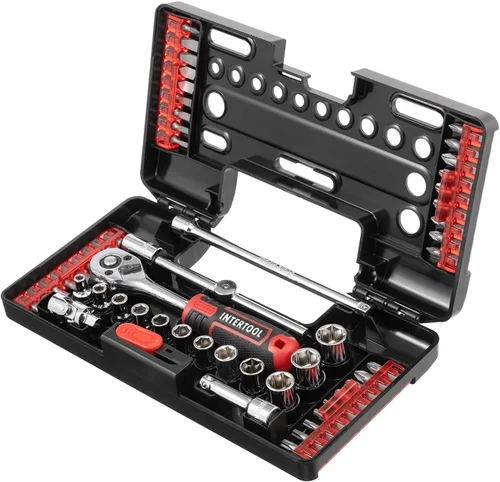 INTERTOOL Juego de llaves de vaso de 57 piezas, unidad de 1/4", SAE y métrica, puntas y zócalos, acero al cromo vanadio de alta resistencia VT08-3657