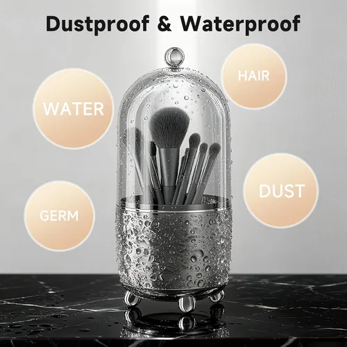 Miniatura 6 de Soporte para brochas de maquillaje con tapa, organizador de herramientas cosméticas con tapa, apertura deslizante giratoria de 360°, contenedor