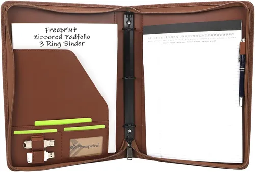 portafolio con cremallera de 3 anillos, organizador de carpeta con bloc de notas tamaño carta legal - Portafolio de PU de cuero con organizador de