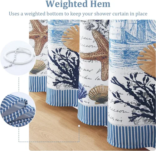 Miniatura 5 de Cortina de ducha costera con temática de playa, decoración náutica del océano con faro, conchas marinas, estrellas de mar y coral, tela de poliéster
