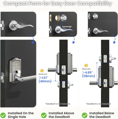 Miniatura 8 de Veise VE029 - Cerradura de palanca inteligente WiFi, cerradura de puerta de entrada sin llave de huellas dactilares con asa, WiFi integrado, control
