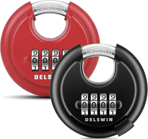 Miniatura 10 de DELSWIN Cerradura de combinación de disco de 4 dígitos para exteriores, candados de combinación resistentes con grillete de acero endurecido Negro 2
