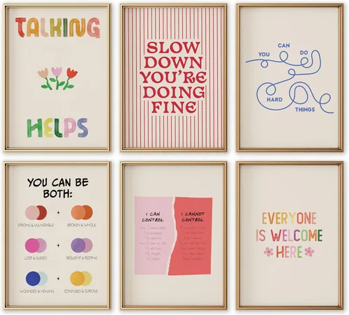 6 piezas de arte de pared de salud mental, citas inspiradoras, psicología, decoración de pared, terapia colorida, oficina, lienzo, pósteres de salud