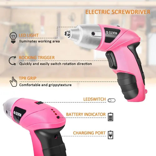 Miniatura 4 de ELEVON Juego de 27 destornilladores eléctricos rosados, destornillador eléctrico inalámbrico con juego de taladro, pistola de tornillo de mano