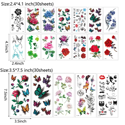 Miniatura 2 de 60 hojas impermeables de flores de mariposa tatuajes temporales para mujeres, múltiples estilos de diseño