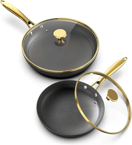 imarku Sartenes antiadherentes, sartenes de hierro fundido de 10 y 12 pulgadas con tapas, juego de sartenes con textura de panal, apto para horno y