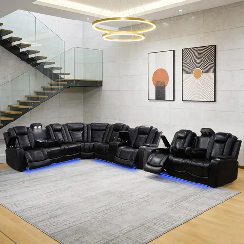 Miniatura 13 de Juego de sofá modular reclinable eléctrico para sala de estar, juego de sofá reclinable de cuero con luces LED / almacenamiento oculto, sofá