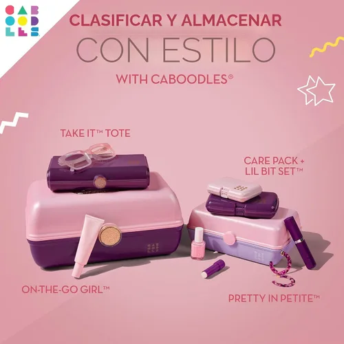 Miniatura 6 de Caboodles Pretty in Petite - Caja de maquillaje de dos tonos rosa sobre lavanda, caja organizadora de plástico duro, 2 bandejas giratorias, espejo