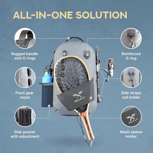 Miniatura 3 de Xelfly - Mochila de pesca impermeable con soporte para caña, válvula de aire inflable, correas acolchadas para la cintura y bucles para engranajes