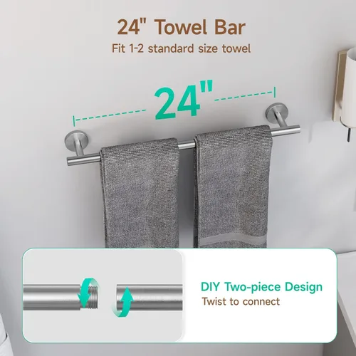 Miniatura 3 de USHOWER Juego de accesorios de baño de níquel cepillado, juego moderno de barra de toalla de 24 pulgadas montado en la pared, juego de accesorios