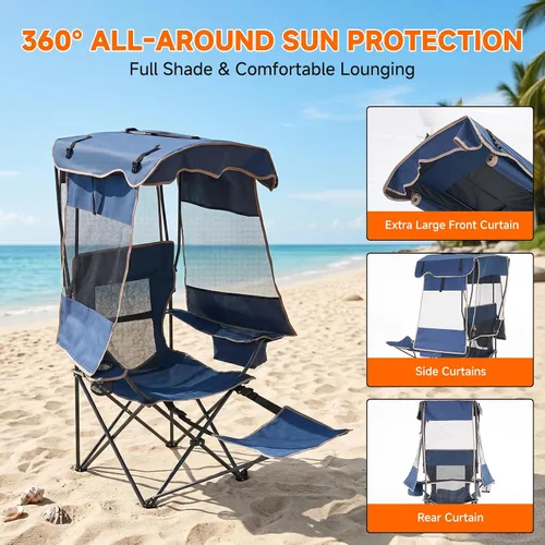 Miniatura 4 de LILYPELLE Silla de playa con toldo y reposapiés, silla de camping plegable portátil con bolsa enfriadora y soporte para tazas, parasol ajustable