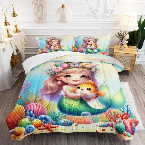 Juego de edredón de 3 piezas con tema de hadas y sirenas, edredón de tamaño individual con escamas de peces marinos, corona de coral, ropa de cama
