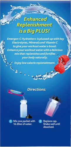 Miniatura 12 de Emergen-C Hydration+ - Mezcla de bebida deportiva con vitamina C (18 unidades, sabor a frambuesa), reposición de electrolitos, paquetes de polvo