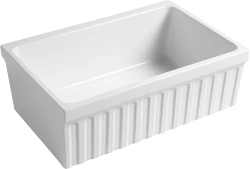 Miniatura 7 de Whitehaus WHQ330-WH Farmhaus Quatro Alcove - Fregadero reversible de arcilla refractaria de 30 pulgadas con delantal estriado, color blanco