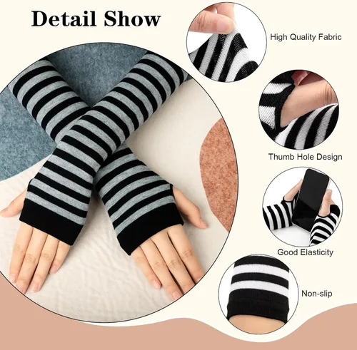 Miniatura 21 de Amandir Guantes largos sin dedos para mujer, calentadores de brazos, guantes elásticos de punto para el pulgar