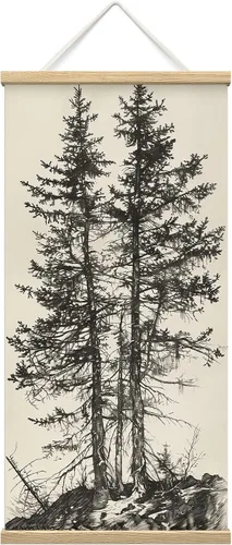 SIGNFORD Póster colgante enmarcado de madera con tinta negra, pino, bosquejo de pared, póster para decoración del hogar, listo para colgar, 18 x 36