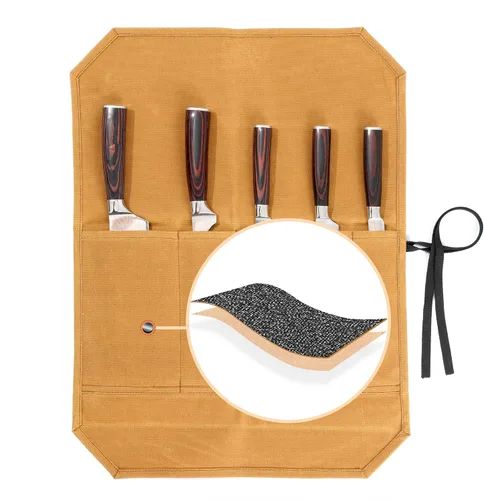 Miniatura 14 de Bolsa para cuchillos de chef, rollo para cuchillos con 4 ranuras, forro de tela especializado resistente a cortes, lona encerada resistente de 16