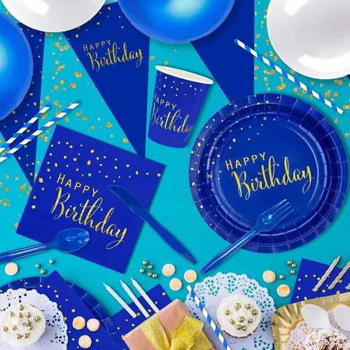 Miniatura 4 de DYLIVeS Paquete de 204 piezas de decoraciones de cumpleaños azules, puntos de aluminio azules y dorados, suministros de fiesta de feliz cumpleaños