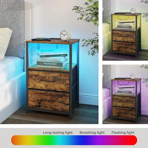 Miniatura 6 de TUTOTAK Mesita de noche LED con estación de carga, mesita de noche grande con puerto USB y Type-C, mesa de noche con cajones de tela, mesa auxiliar
