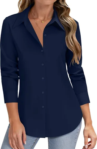 Miniatura 16 de HOTOUCH Camisas de manga larga con botones para mujer, camisas de vestir con protección contra manchas, ajuste delgado, blusas de trabajo, oficina